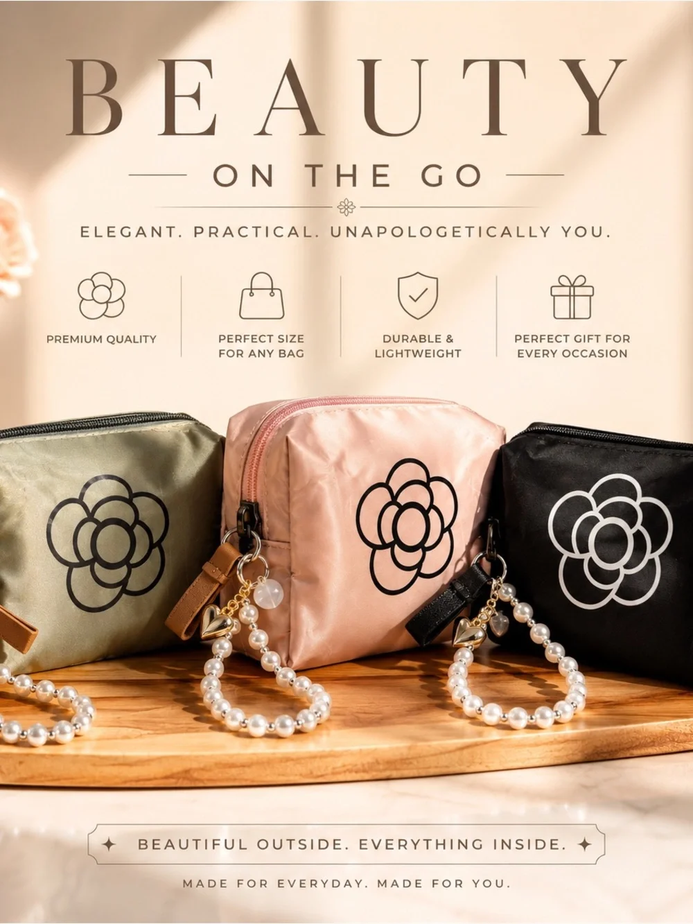 Elegant Pearl-Handle Pink Cosmetic Pouch
